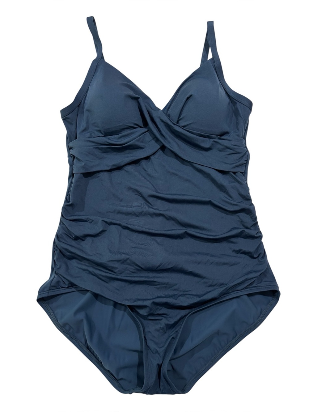 Jantzen Surplice Swimsuit Women’s Size M/L Navy Blue Ruching Adjustable Slimming